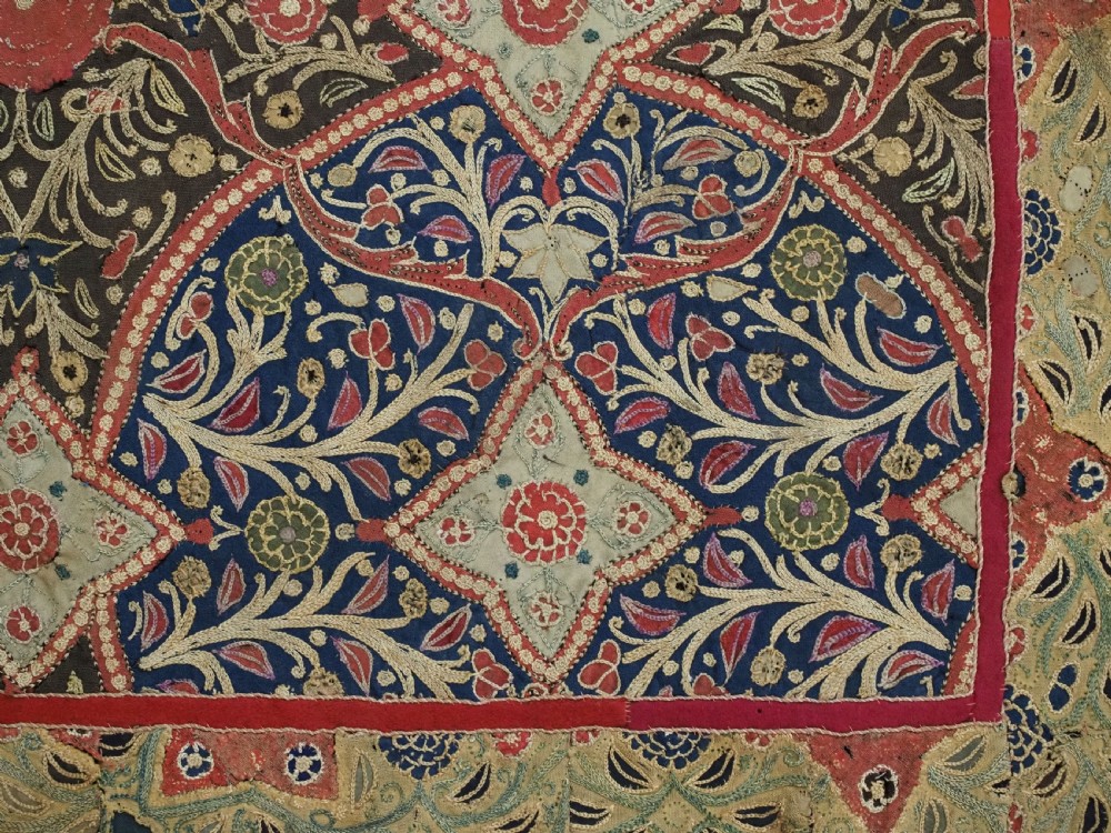 A rectangular 19th-century Persian Rasht textile featuring elaborate floral and geometric lattice patterns crafted from silk embroidery and felt applique in red, blue, green, and cream tones. View XIII