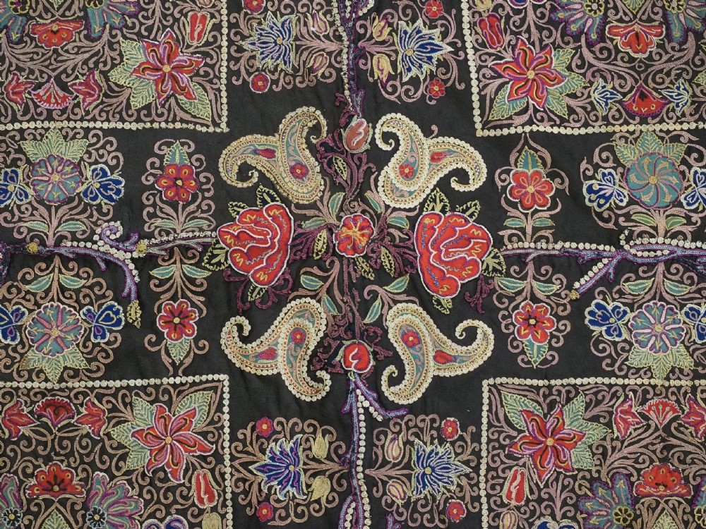 An antique Persian Rasht textile featuring silk floral and boteh embroidery on a black wool felt ground. View XI