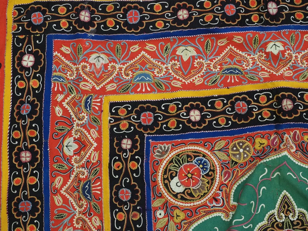 A rectangular antique Persian Rasht embroidery featuring a bright red outer border with boteh motifs surrounding a central green medallion with detailed silk stitching. View IX