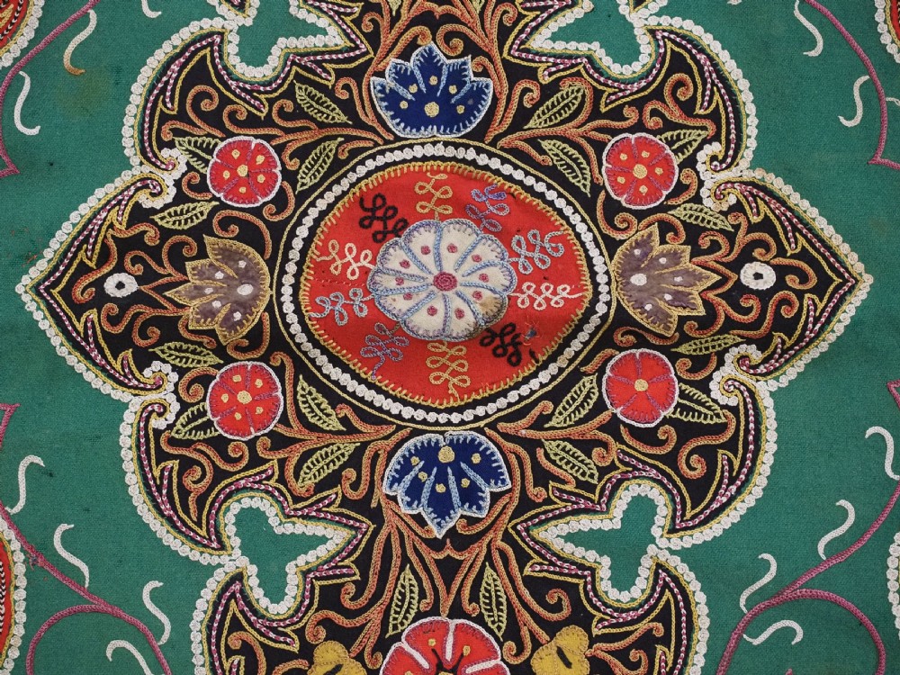 A rectangular antique Persian Rasht embroidery featuring a bright red outer border with boteh motifs surrounding a central green medallion with detailed silk stitching. View XIII