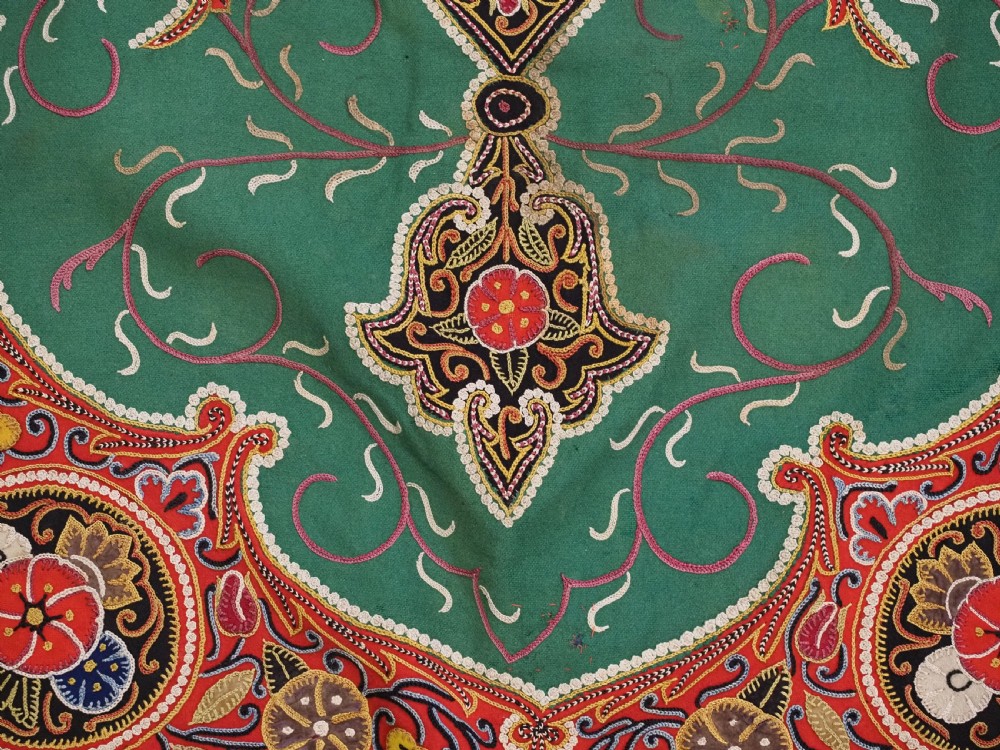 A rectangular antique Persian Rasht embroidery featuring a bright red outer border with boteh motifs surrounding a central green medallion with detailed silk stitching. View XIV