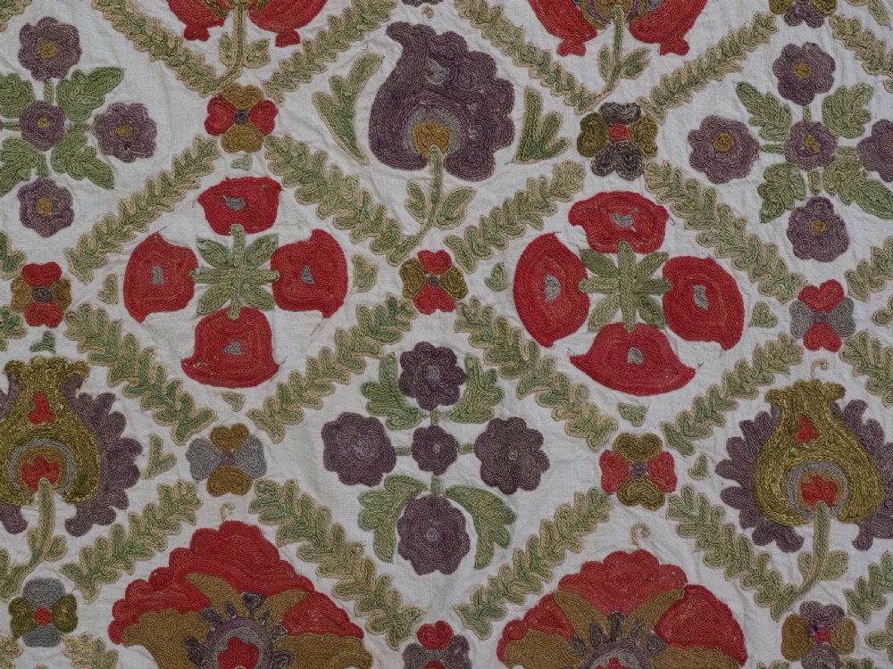 A rectangular embroidered suzani textile featuring a central diamond lattice pattern surrounded by a border of large floral medallions on a cream background. View X