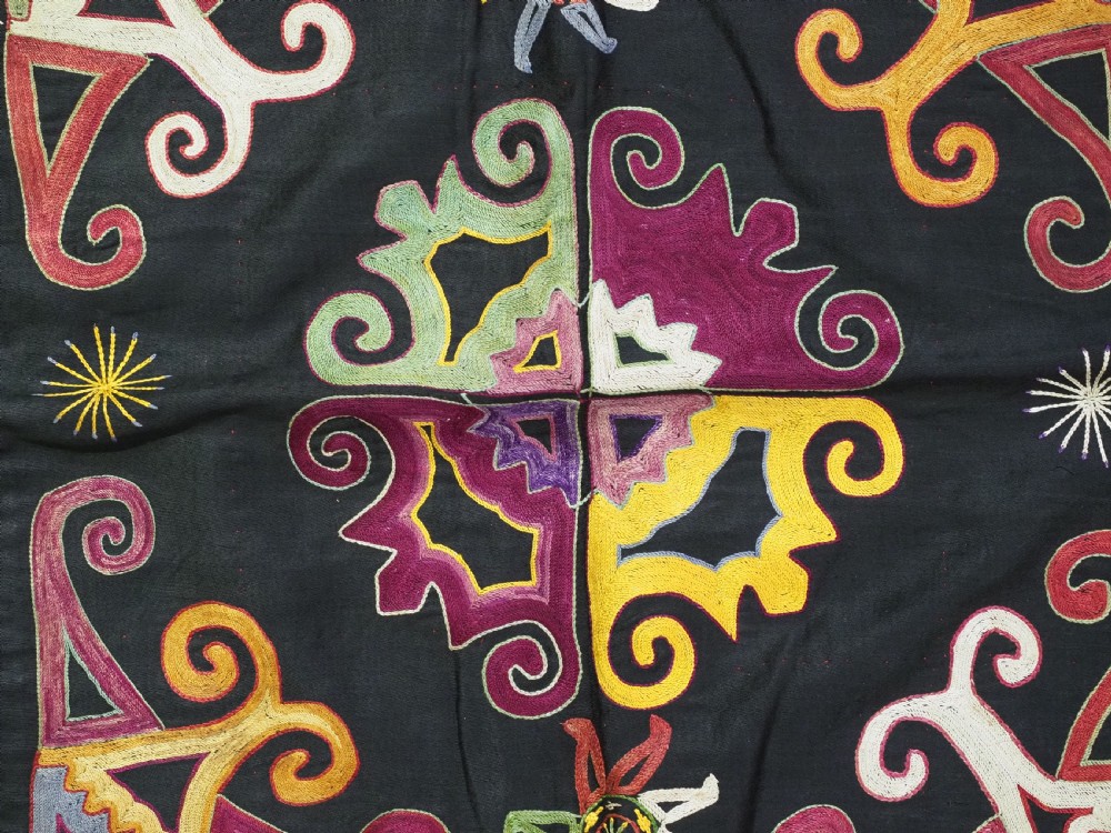 A square black textile panel featuring multicoloured silk embroidery with scroll and geometric motifs bordered by a fringe edge. View VI