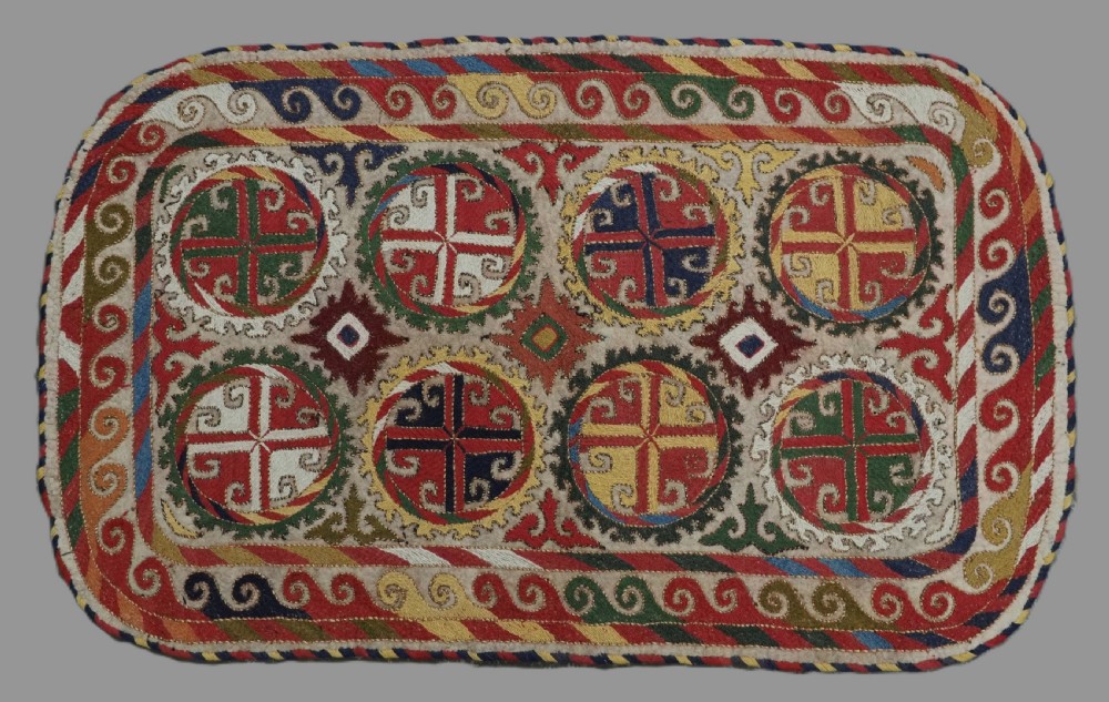ANTIQUE UZBEK LAKAI EMBROIDERED FELT SADDLE RUG, SUPERB CONDITION, CIRCA 1900-20.