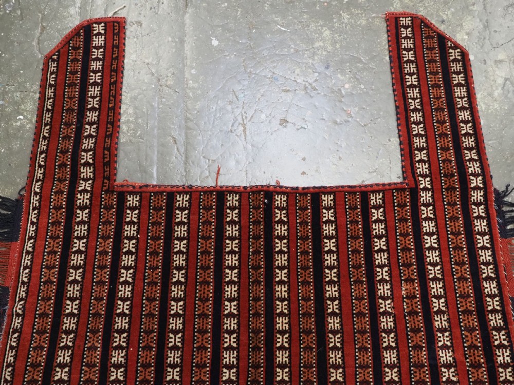 Hand-woven red, dark navy, and ivory striped Turkmen wool horse cover featuring geometric motifs and fringe along the lower edges. View III