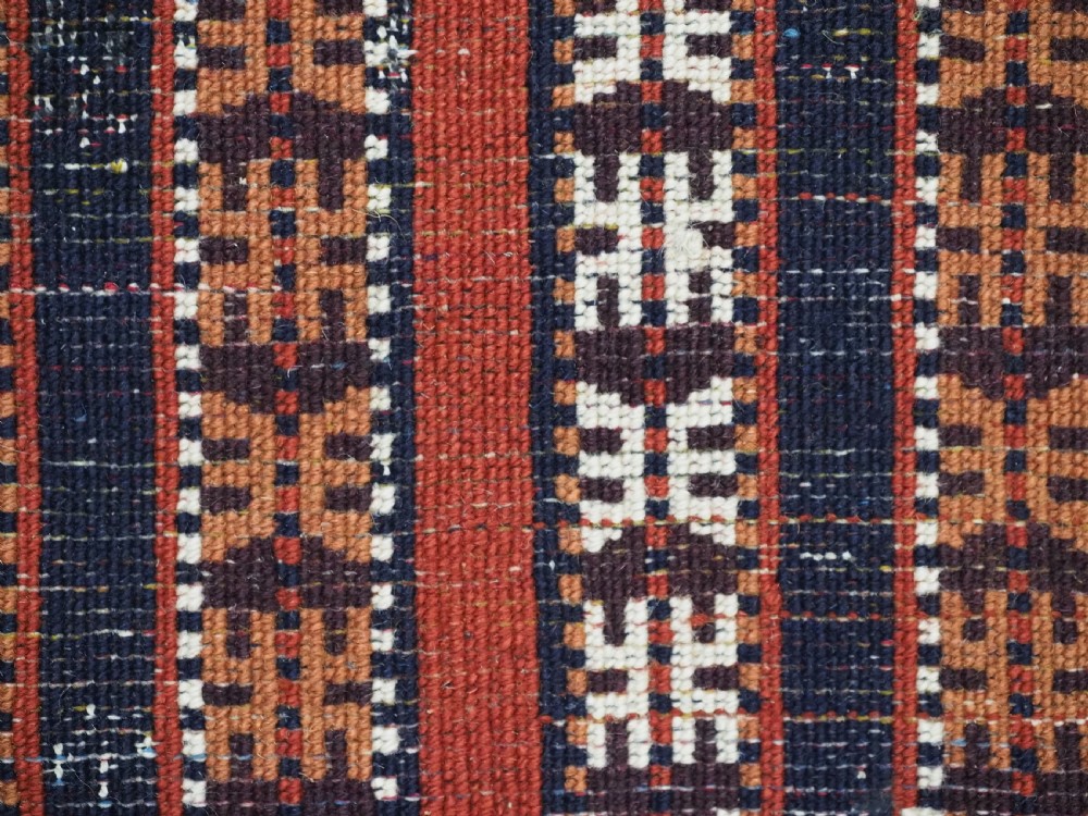 Hand-woven red, dark navy, and ivory striped Turkmen wool horse cover featuring geometric motifs and fringe along the lower edges. View XIII
