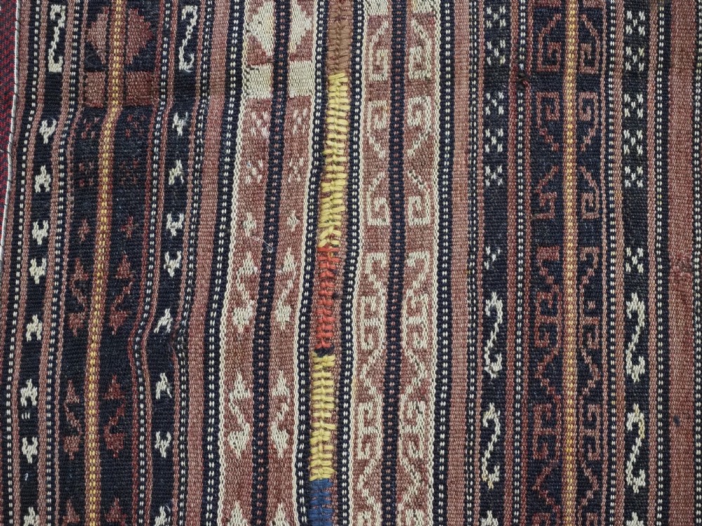 A flat-weave woven wool Northern Afghan ceremonial horse blanket featuring brown, cream, red, and blue geometric stripes with wool tassels along the edges. View VIII