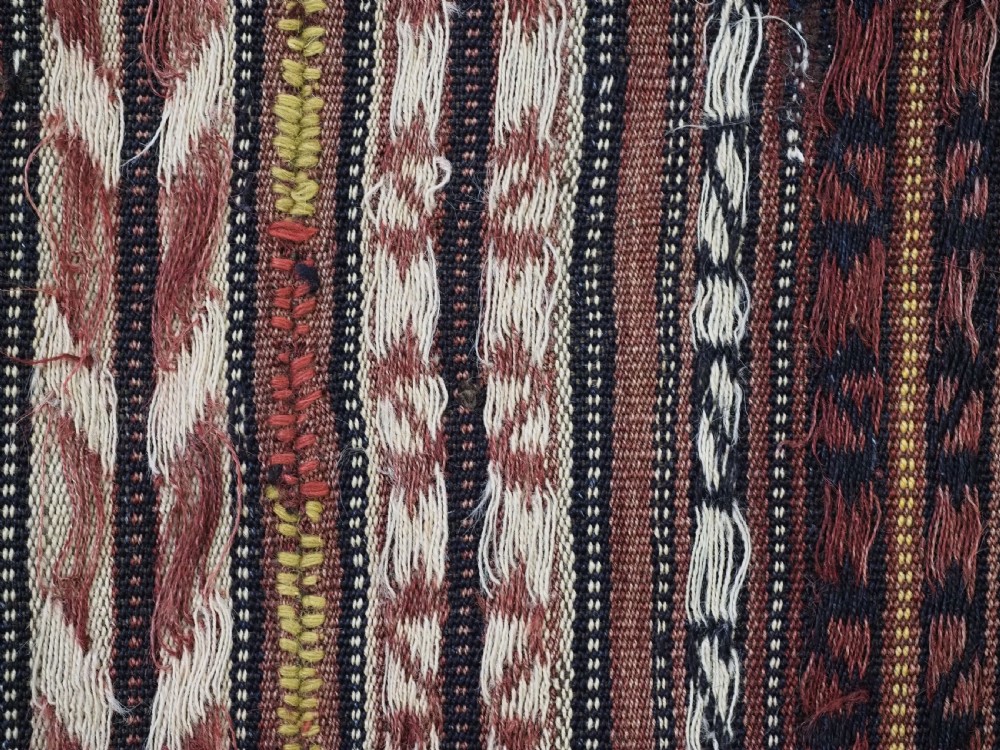 A flat-weave woven wool Northern Afghan ceremonial horse blanket featuring brown, cream, red, and blue geometric stripes with wool tassels along the edges. View XIII