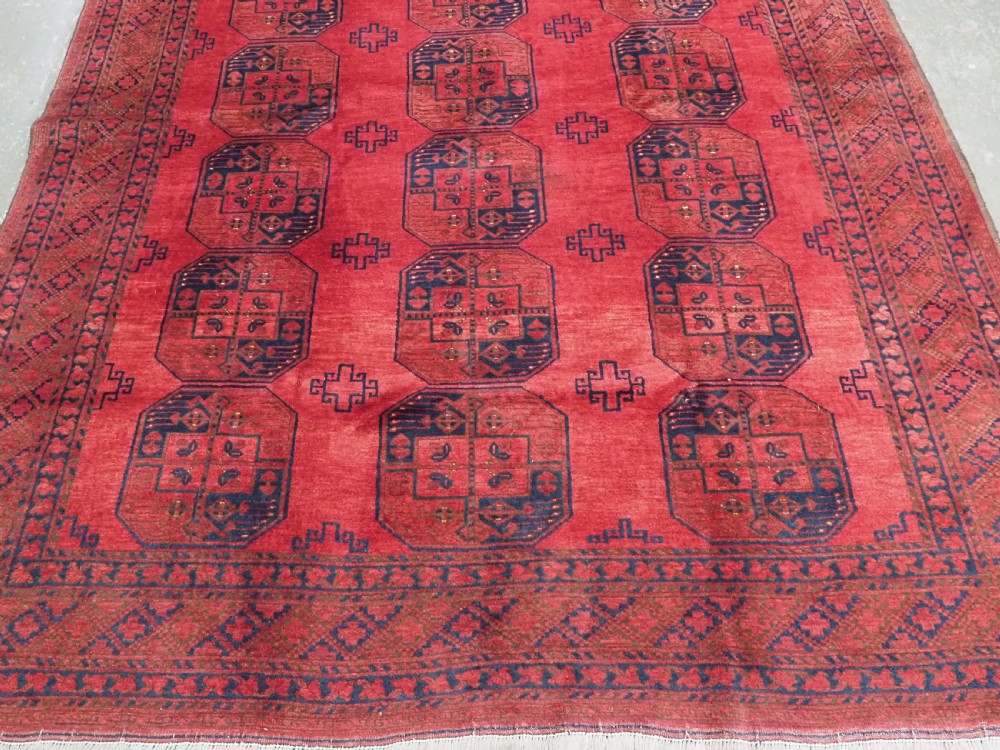A hand-knotted antique Afghan wool carpet in warm red featuring dark blue repeating octagonal gul motifs and geometric borders. View V