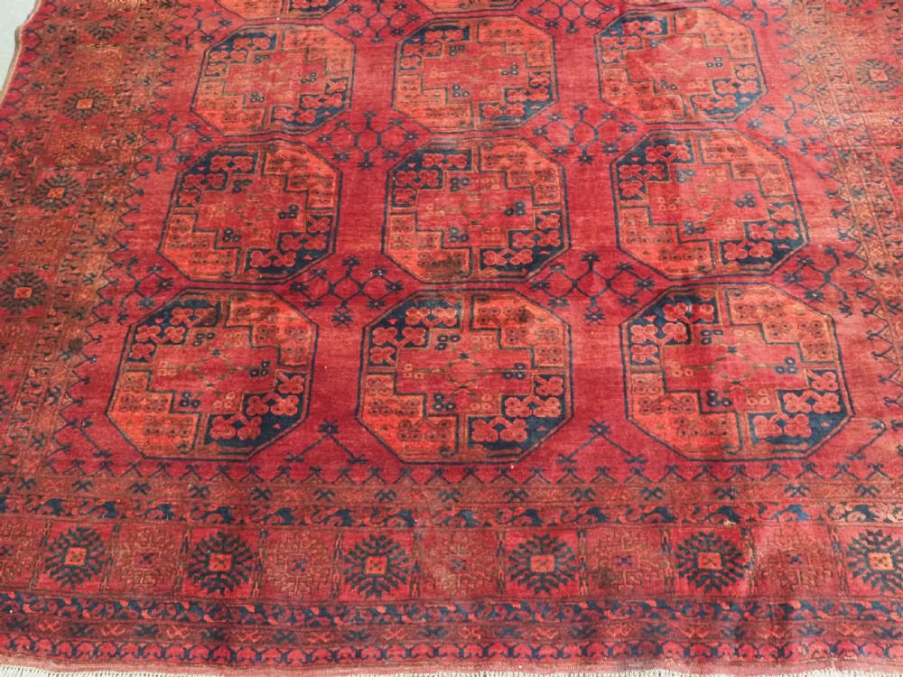 An antique hand-knotted Afghan Ersari wool carpet featuring dark blue octagonal gul motifs arranged in rows on a warm red field. View V