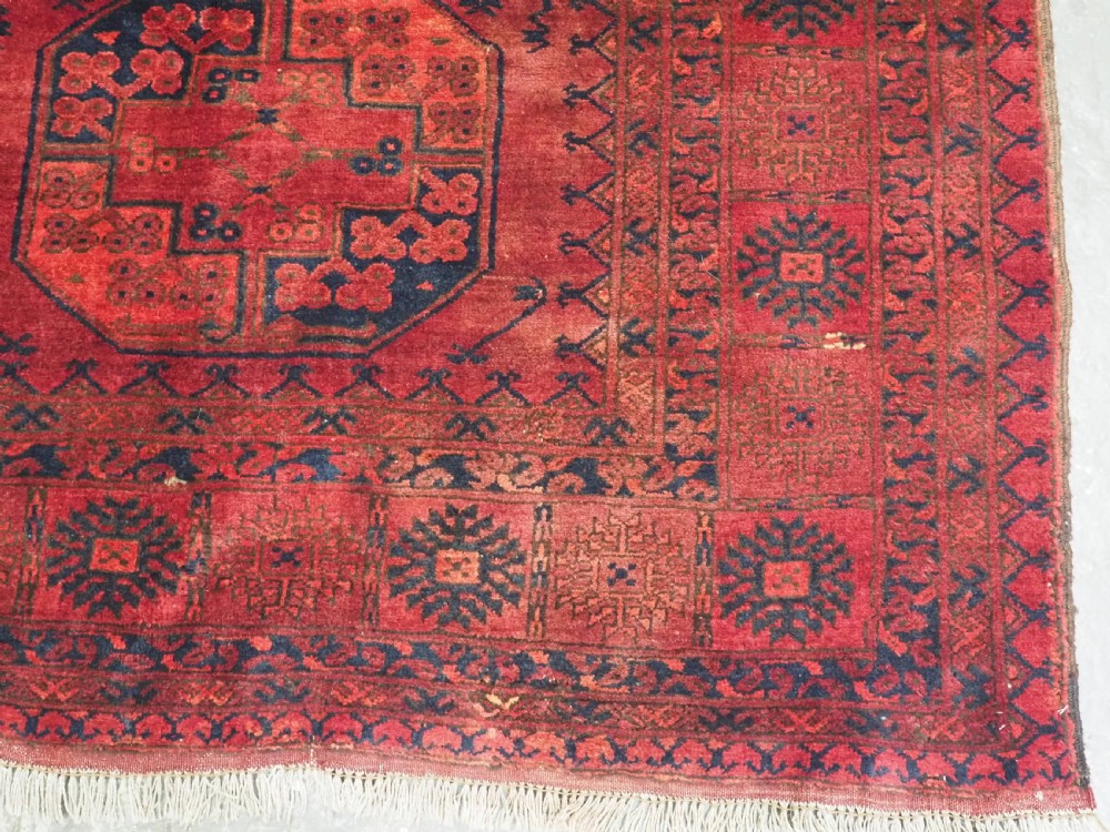 An antique hand-knotted Afghan Ersari wool carpet featuring dark blue octagonal gul motifs arranged in rows on a warm red field. View XI