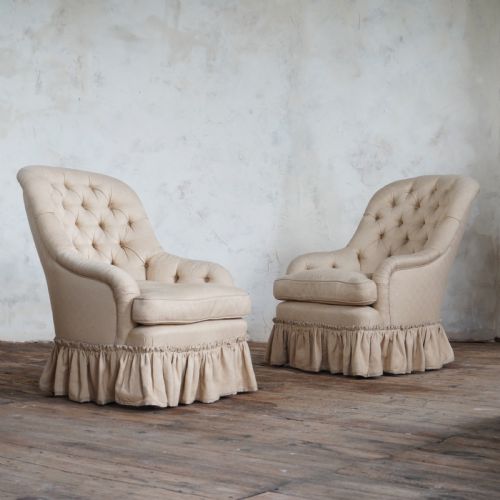 pair of antique button back chairs beige fabric - CATEGORY: ANTIQUE CHAIRS - DATED 19TH CENTURY