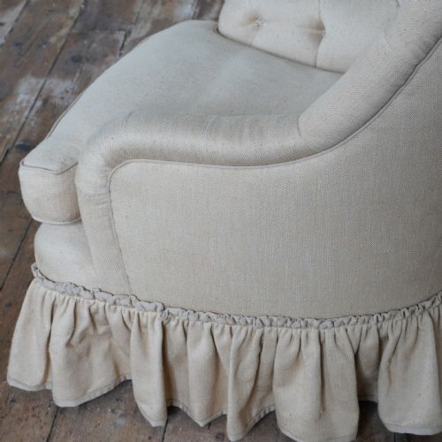 PAIR OF ANTIQUE BUTTON BACK CHAIRS BEIGE FABRIC - ADDITIONAL PHOTO 2