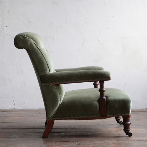 ANTIQUE OPEN ARMCHAIR GREEN VELVET - ADDITIONAL PHOTO 3