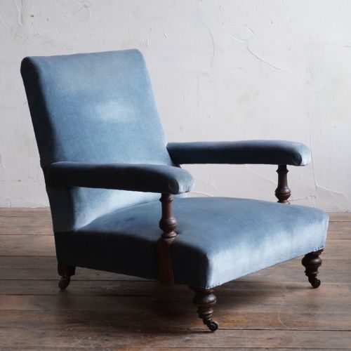 antique open armchair blue velvet - CATEGORY: ANTIQUE CHAIRS - DATED 19TH CENTURY