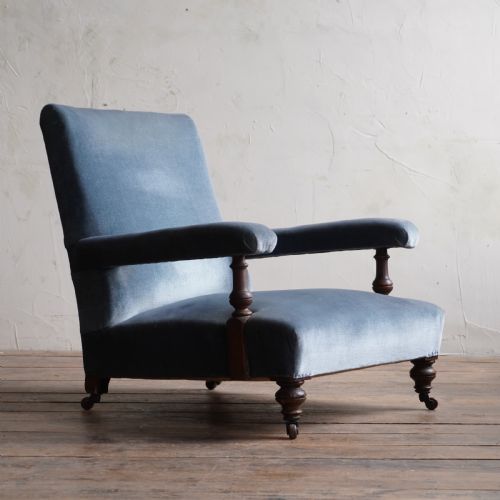 ANTIQUE OPEN ARMCHAIR BLUE VELVET - ADDITIONAL PHOTO 1