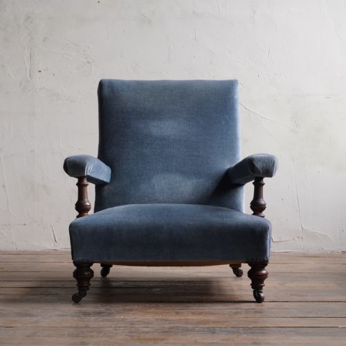 ANTIQUE OPEN ARMCHAIR BLUE VELVET - ADDITIONAL PHOTO 3