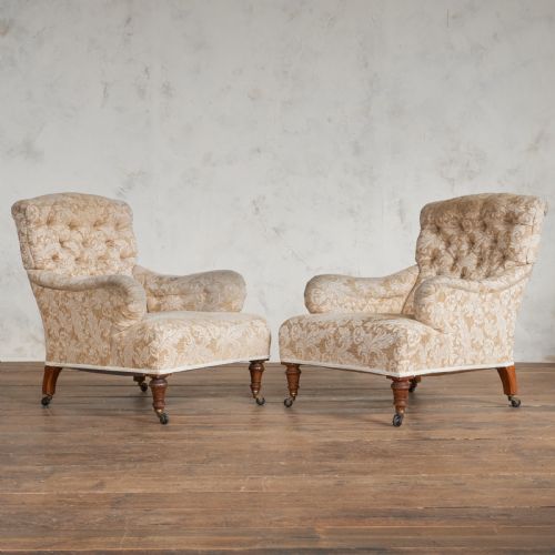 pair of howard style armchairs by maple co - CATEGORY: ANTIQUE CHAIRS - DATED VICTORIAN