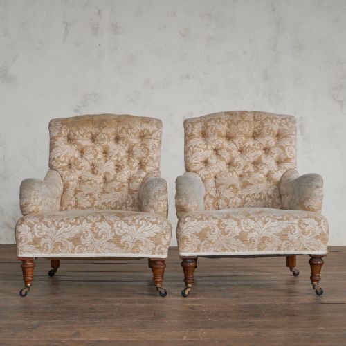 PAIR OF HOWARD STYLE ARMCHAIRS BY MAPLE CO - ADDITIONAL PHOTO 3