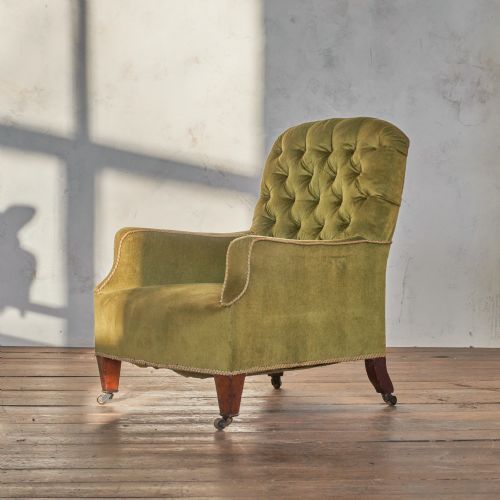 howard and sons armchair green velvet - CATEGORY: ANTIQUE CHAIRS - DATED VICTORIAN