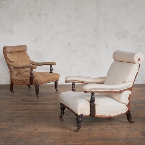 ANTIQUE OPEN ARMCHAIRS WITH BOLSTER HEAD MATCHED PAIR - ADDITIONAL PHOTO 1