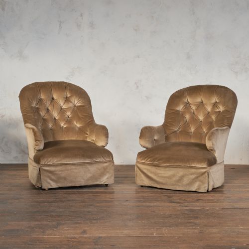 PAIR OF ANTIQUE BEDROOM CHAIRS TAUPE VELVET - ADDITIONAL PHOTO 4