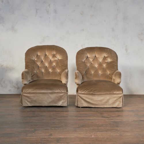 PAIR OF ANTIQUE BEDROOM CHAIRS TAUPE VELVET - ADDITIONAL PHOTO 5