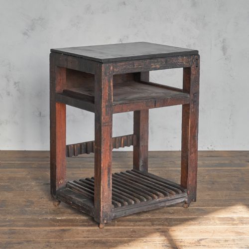 ANTIQUE TYPESETTING TABLE WITH A CAST IRON TOP PRINTERS STORAGE KITCHEN ISLAND - ADDITIONAL PHOTO 1