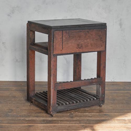 ANTIQUE TYPESETTING TABLE WITH A CAST IRON TOP PRINTERS STORAGE KITCHEN ISLAND - ADDITIONAL PHOTO 3