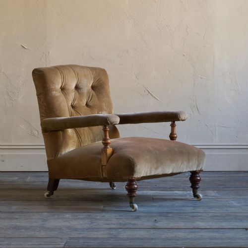 antique open armchair golden brown velvet - CATEGORY: ANTIQUE CHAIRS - DATED 19TH CENTURY
