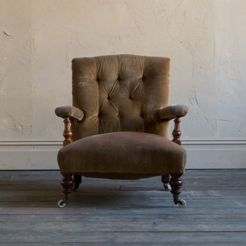 ANTIQUE OPEN ARMCHAIR GOLDEN BROWN VELVET - ADDITIONAL PHOTO 1