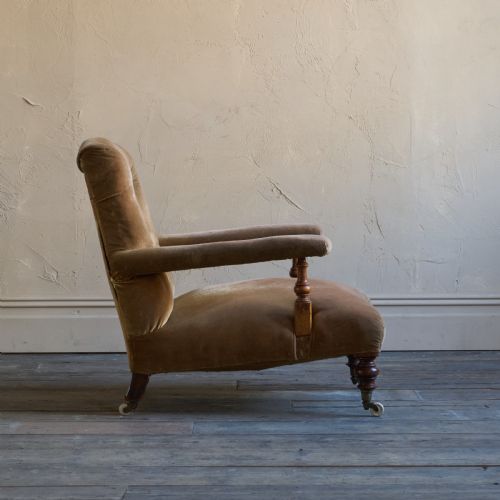 ANTIQUE OPEN ARMCHAIR GOLDEN BROWN VELVET - ADDITIONAL PHOTO 2