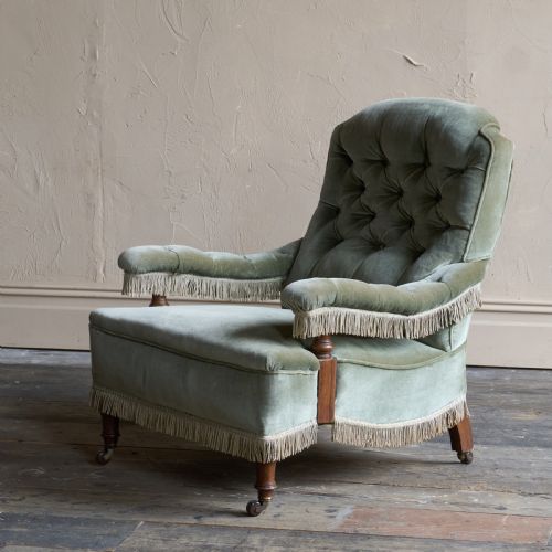 antique open armchair in sage green velvet with tassel trim - CATEGORY: ANTIQUE CHAIRS - DATED 19TH CENTURY