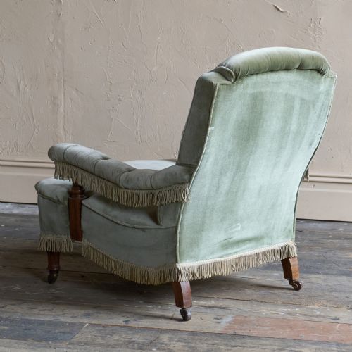 ANTIQUE OPEN ARMCHAIR IN SAGE GREEN VELVET WITH TASSEL TRIM - ADDITIONAL PHOTO 2