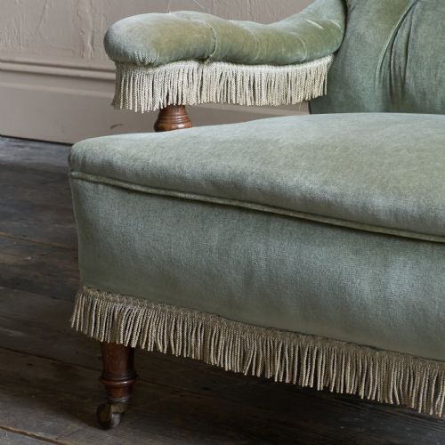 ANTIQUE OPEN ARMCHAIR IN SAGE GREEN VELVET WITH TASSEL TRIM - ADDITIONAL PHOTO 5