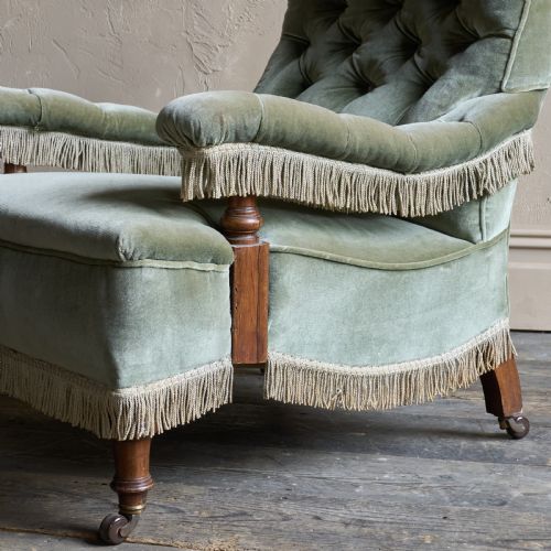 ANTIQUE OPEN ARMCHAIR IN SAGE GREEN VELVET WITH TASSEL TRIM - ADDITIONAL PHOTO 6