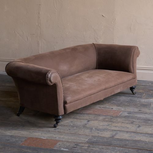 ANTIQUE CHESTERFIELD SOFA EBONISED LEGS BROWN HEAVY COTTON COVERING - ADDITIONAL PHOTO 2