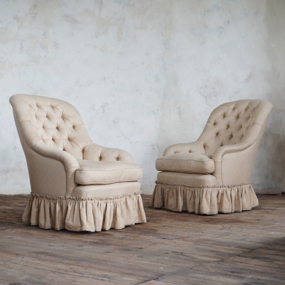 Pair of Antique Button Back Chairs - Beige fabric