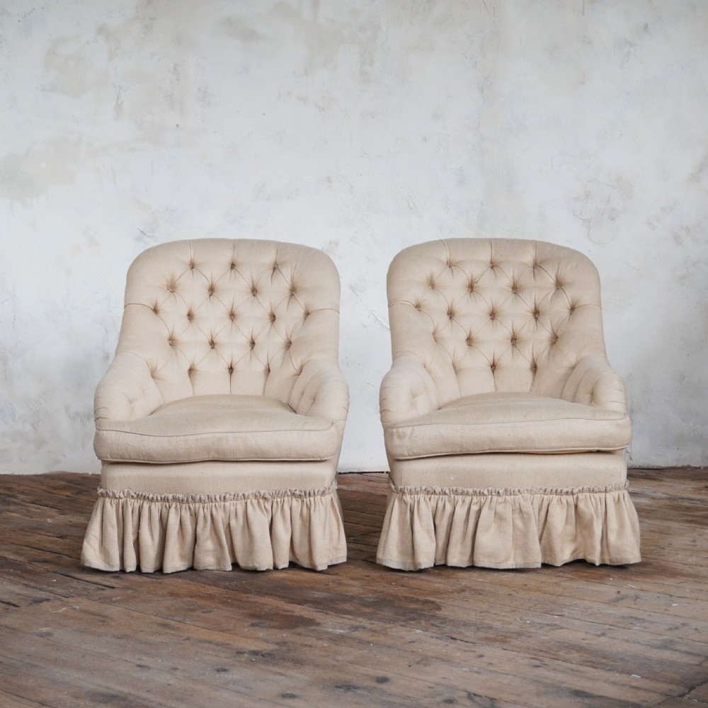 Pair of Antique Button Back Chairs - Beige fabric View II