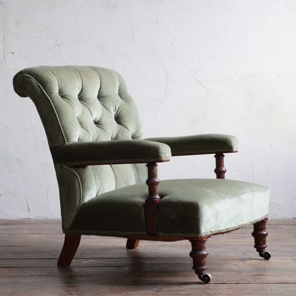 Antique Open Armchair - green velvet.