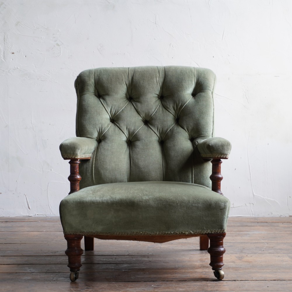 Antique Open Armchair - green velvet. View II