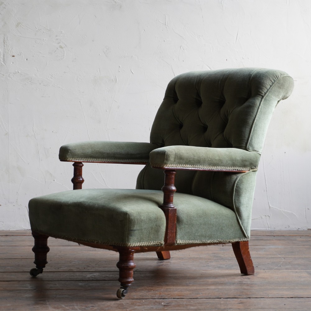 Antique Open Armchair - green velvet. View III