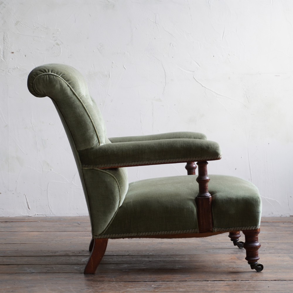 Antique Open Armchair - green velvet. View IV
