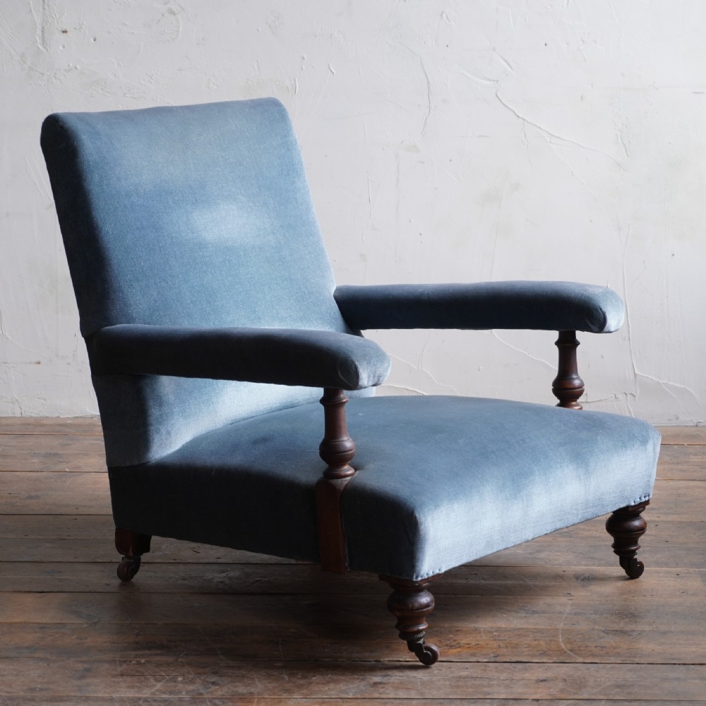 Antique Open Armchair - blue velvet.
