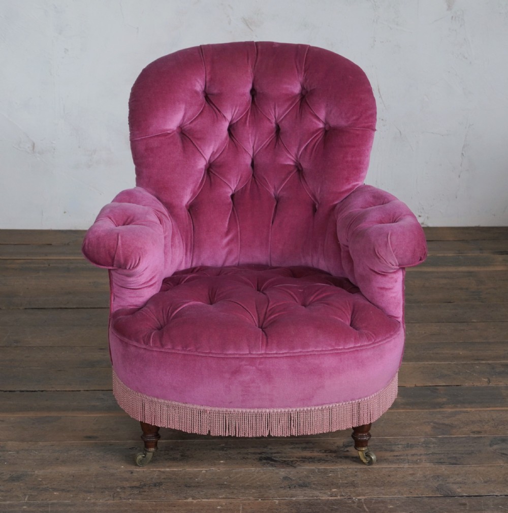 Antique Armchair, deep buttoned, pink velvet View II