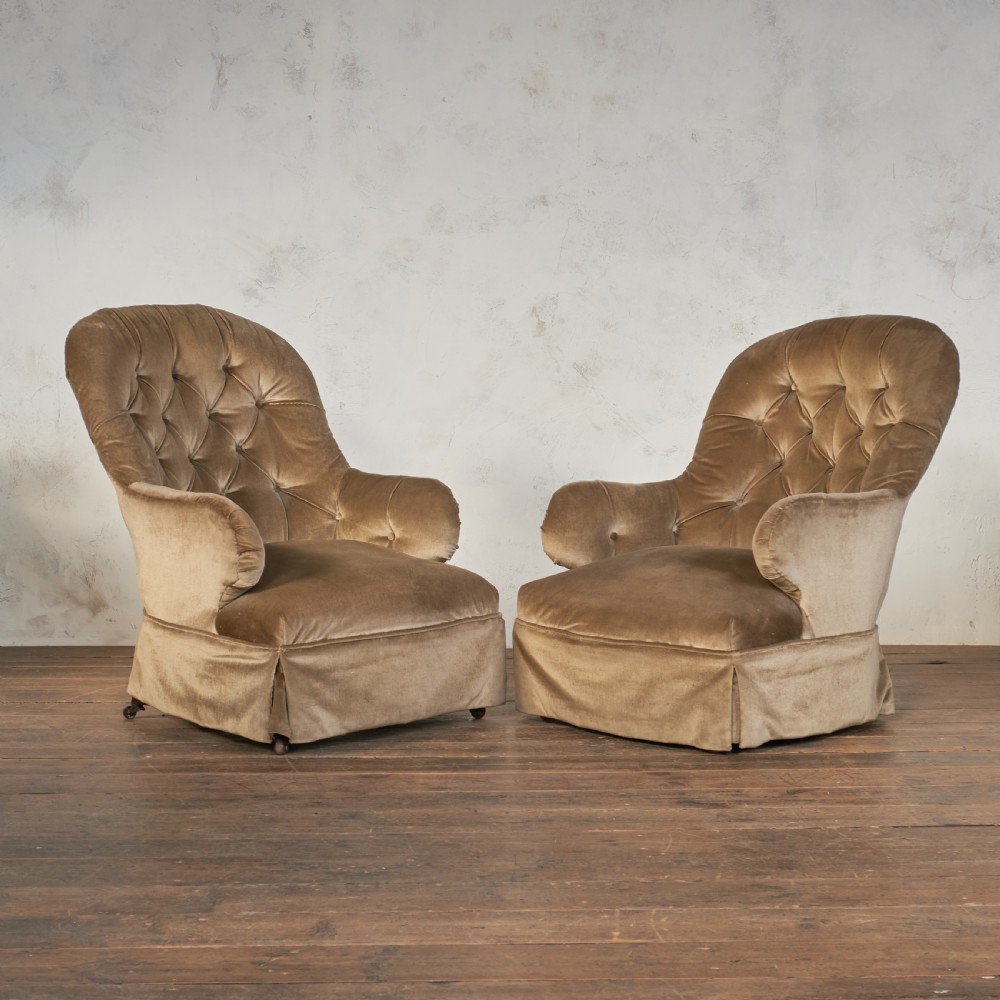 Pair of Antique Bedroom Chairs - taupe velvet.
