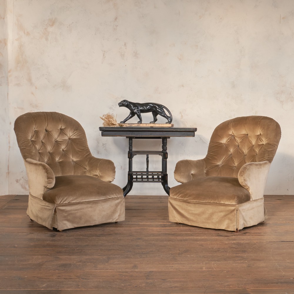 Pair of Antique Bedroom Chairs - taupe velvet.
 View II