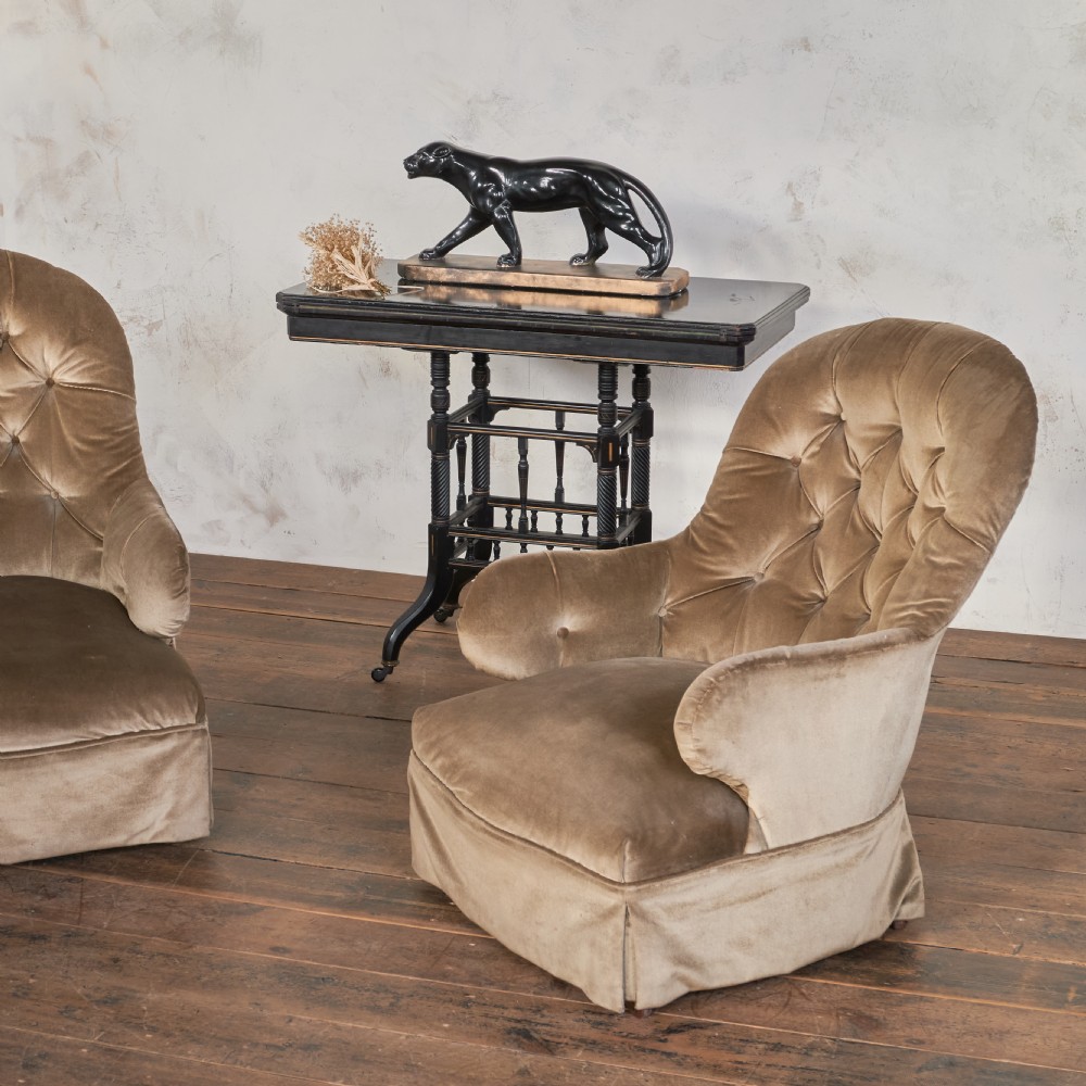 Pair of Antique Bedroom Chairs - taupe velvet.
 View III