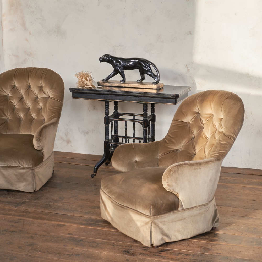 Pair of Antique Bedroom Chairs - taupe velvet.
 View V