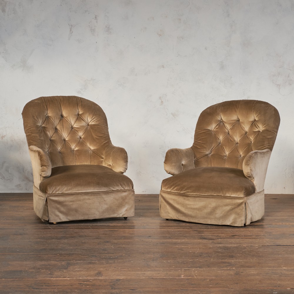 Pair of Antique Bedroom Chairs - taupe velvet.
 View VI